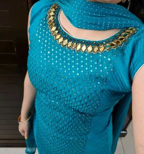Women Teal Blue Sequence Chanderi Cotton Suit Set