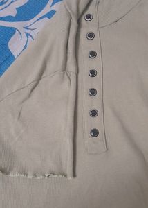 Beige Ribbed Button-Up Top