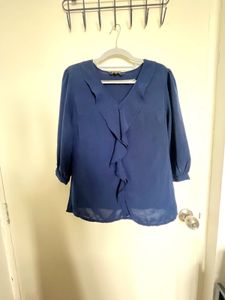 Navy Ruffle Front Blouse