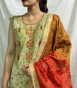 Embroidered Silk Long Dress With Duppatta