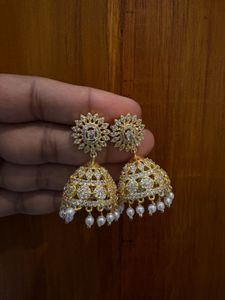 white AD Stone Golden Jhumka  For Women’s & Girls