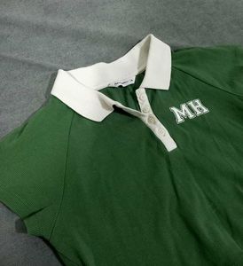 Green &amp; White Cropped Polo Shirt