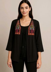 Embroidered Black Open Front Cardigan Shrug