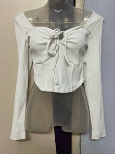 Pintrest Ribbed Tie-Front Long Sleeve Top