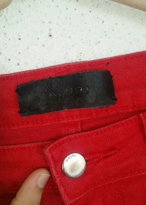 AMIRI Red Cotton Stretch MX1 Leather Patch Jeans From AMIRI.