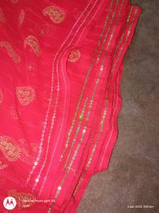 Bright Red Festive Printed Saree With Sequins