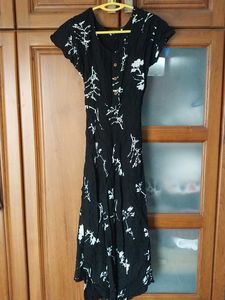 Black A - Line Midi Cotton Floral Dress