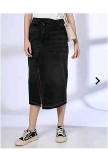 Black Denim Slit Midi Skirt
