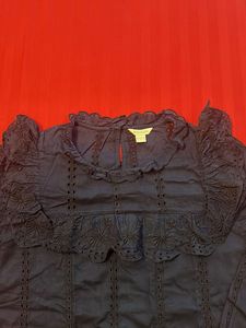 Navy Eyelet Ruffle Blouse