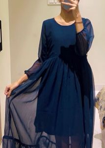 Navy Blue Chiffon Midi Dress Korean Style