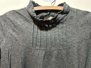 Gray Ruffled Mock Neck Long Sleeve Top