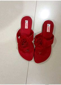 Red Colour Floral Flat Slippers