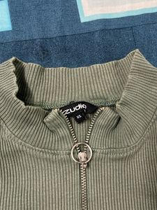 Olive Ribbed Half Zip Top