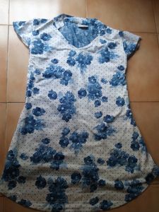 White With Navy Blue Floral Top Or Tunic