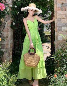 Neon Green Schiffli Lace Tiered Maxi