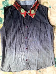 Beautiful Beaded Coller Light Denim Top