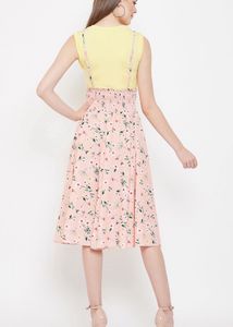 Panit Peach Colored And Green Printed Floral Skirt