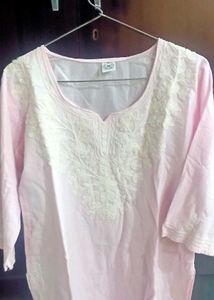 Pink short kurti white Embroidered