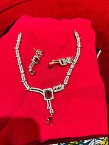 American Diamond Red & Silver Jewelry Set NewWdtag