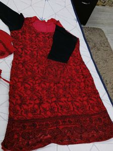 Red Embroidered Lucknowi Suit