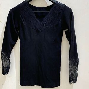 Ribbed Fabric Black Y2K Lace Work Top