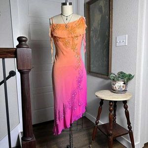 Spaghetti Straps Ombre Orange Chiffon Beaded Gown