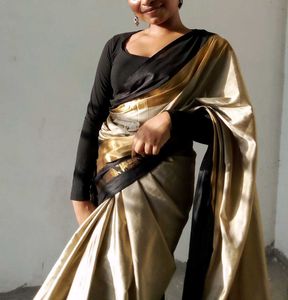 Elegant Beige & Gold Silk Saree