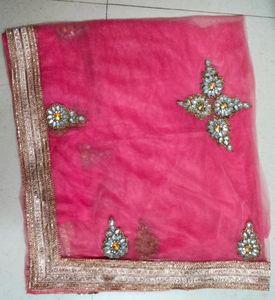 Homemade Net Saree With Flower Designs All Over In Pink