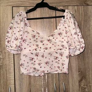 White Floral Puff Sleeve With Tie Up Back Crop Top