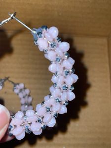 Pink Floral Beaded Hoop Earrings