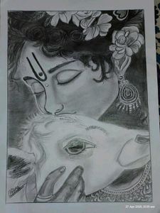 Krishna &amp; Cow Sketch - Hand-Drawn Art