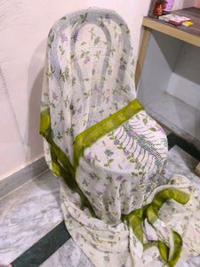 White Saree With Green Leaf Prints