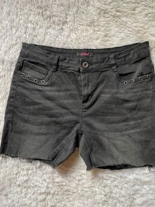 Dark Wash Denim Shorts with Grommet Detail