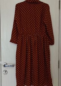 Polka Dot Full Sleeve Brown White Midi dress