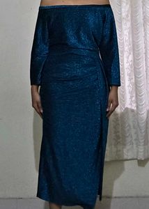 Teal Blue Cocktail Glitter Dress With Slit UK