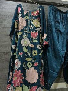 Teal Blue Kurti Pant Wedding Wear Set