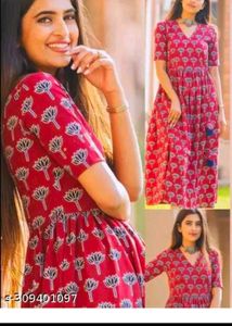 Elegant red Lotus Printed Dress