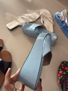 Light Blue Patent Leather Slides