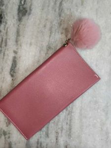 Pink Studded Wallet with Pom-Pom
