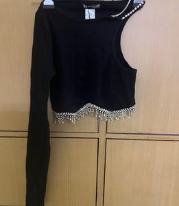 Zara Off Shoulder Rib Stretch Top With Tassel