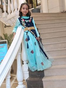 Girls Green And Blue Embelished Net Maxi Dress