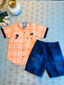Boys Orange Checkered Shirt & Shorts