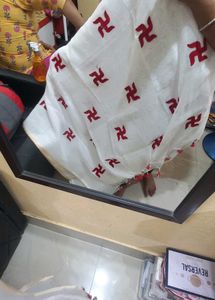 White And Red Swastik Print Saree