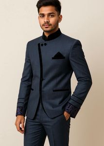 Stellar Metallic Blue-Grey Indowestern Suit Set