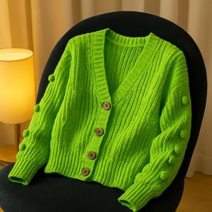 Green Knit Pom-Pom Cardigan