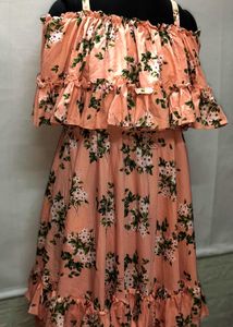 New Piece Floral Ruffle Midi Peach Dress