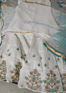 Teal &amp; White Embellished Salwar Kameez