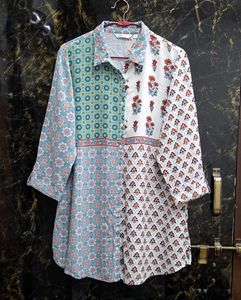 White And Blue Printed Straight Tunic