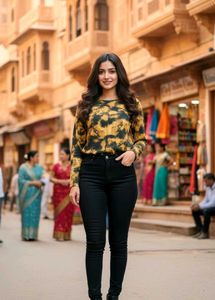 Yellow & Black Print Long Sleeve Top