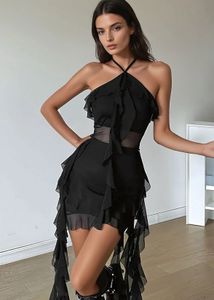 Newme~Black Halter Ruffle Tiered Dress🖤🗝️🕶️➰🕋